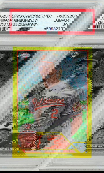 GUNNAR HENDERSON 2023 Topps Chrome Update Yellow Mini Diamond Rc #70/75 PSA 10