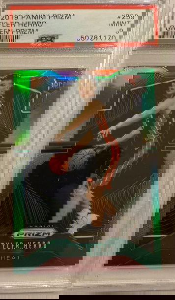 2019-20 Panini Prizm #259 Tyler Herro Rookie Green Prizm RC PSA 9 Mint Heat 7C