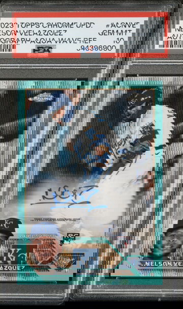 2023 Topps Chrome Update Aqua Wave Nelson Velazquez #ACNVE RC Auto /199 PSA 10