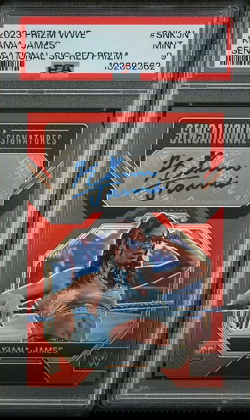 2023 Panini Prizm WWE Sensational Signatures Sensational Sig-Red Prizm Kiana James #SNKJN /99 PSA 9