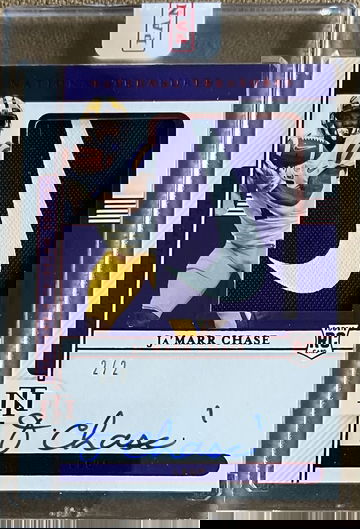 2021 JaMarr Chase National Treasures 2/2 ! Swoosh Patch on Card Auto