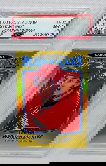 2016-17 O-Pee-Chee Platinum Retro Gold Rainbow #R82 Sebastian Aho Rookie 82/149 PSA 9