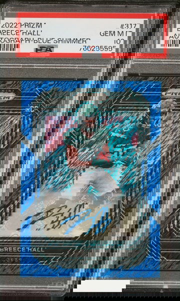 2022 PANINI PRIZM BREECE HALL #317 BLUE SHIMMER AUTO 14 OF 25 ROOKIE RC PSA 10