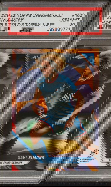 2021 Topps Chrome UEFA Champions League Purple & Gold Starball Refractor Xavi Simons #182 PSA 10