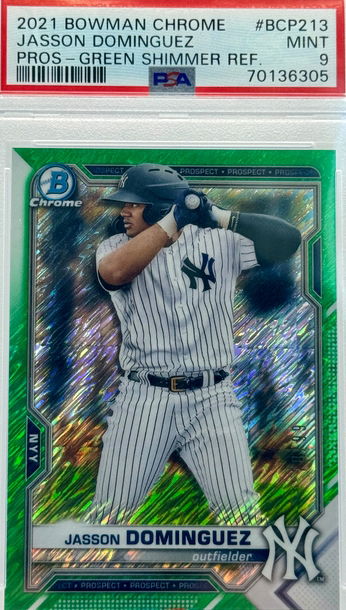 2021 BOWMAN CHROME JASSON DOMINGUEZ PROS - GREEN SHIMMER REF/99 #BCP213 PSA 9 MINT