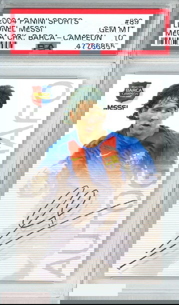 2004-05 PANINI SPORTS LIONEL MESSI #89 MEGA CRACKS BARCA-CAMPEON RC PSA 10