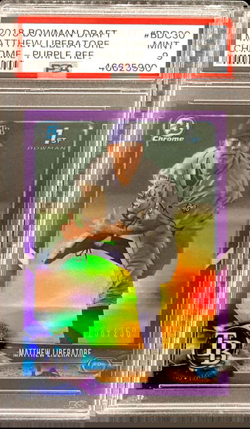 Matthew Liberatore 2018 Bowman Draft Chrome 1st Rookie Card RC Purple Refractor #/250 PSA 9 MINT Tampa Bay Rays