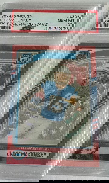 2024 Donruss Rated RC Ladd McConkey #328 Optic Preview Red Wave Prizm PSA 10