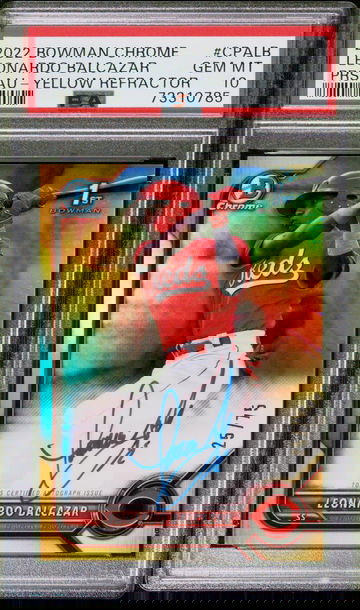 2022 BOWMAN CHROME 1ST AUTO LEONARDO BALCAZAR YELLOW REFRACTOR #/75 REDS PSA 10