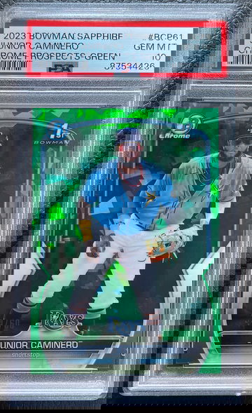 JUNIOR CAMINERO 2023 BOWMAN SAPPHIRE CHROME PROSPECTS GREEN /60 PSA 10