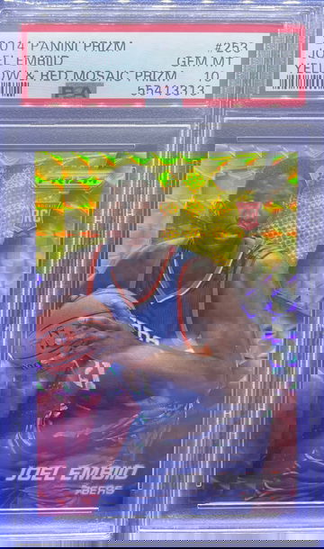 2014 Prizm Yellow & Red Mosaic Joel Embiid #253 PSA 10 GEM MT Rookie RC 76ers SP