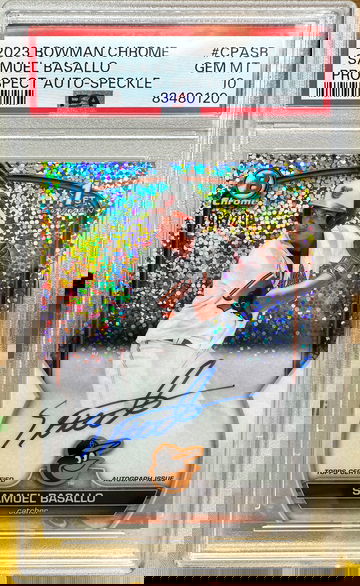 2023 bowman chrome 1st prospect auto Samuel Basallo speckle refractor auto /299 PSA 10 rookie card autograph 