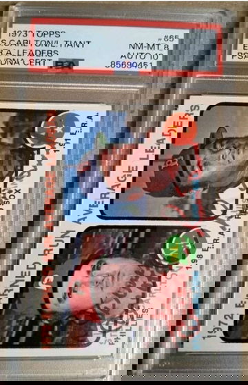 1973 Topps #65 leaders Steve Carlton & Luis Tiant PSA 8 Auto 10