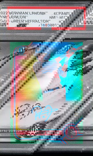 2022 BOWMAN CHROME PROSPECT AUTOGRAPHS RAYNE DONCON #CPARD PROS.AU-GREEN REFRACTOR PSA 8