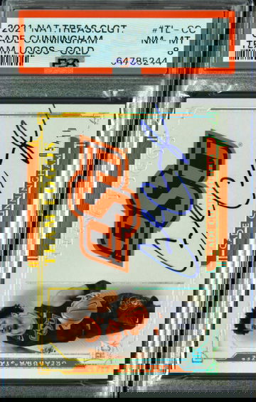 2021-22 Panini National Treasures Cade Cunningham 5/10 Team Logos Rookie Gold Auto PSA 8 NM-MT