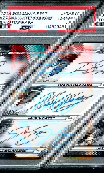 2024 Best Triple Autographs Travis Bazzana/Jac Caglianone/Nick Kurtz #TABKC PSA 8