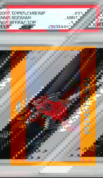 2007 TOPPS CHROME DENNIS RODMAN #93 ORANGE REFRACTOR 149 OF 199 PSA 9 MINT