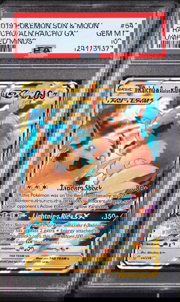 2019 Pokemon Sun and Moon Unified Minds Alolan Raichu Gx/Raichu #54 PSA 10