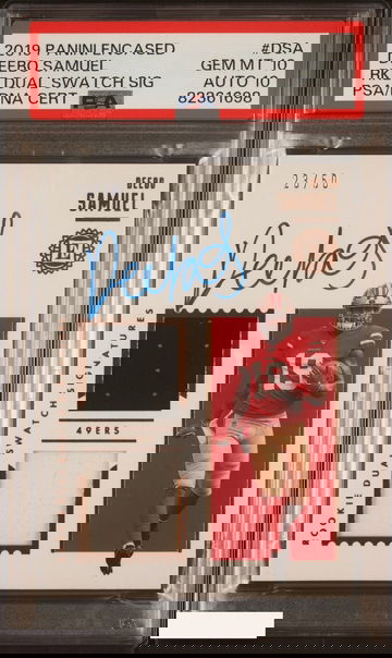 2019 PANINI ENCASED ROOKIE DUAL SWATCH AUTO DEEBO SAMUEL 23 OF 50 PSA 10 AUTO 10