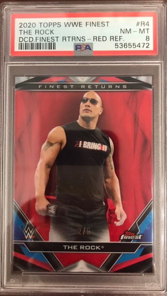 2020 TOPPS WWE FINEST THE ROCK RED REFRACTOR PSA 8 1/5 TOP POP
