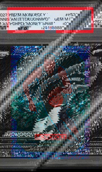 2022 Panini Prizm Monopoly Prizm All-Stars Purple Money Shimmer Giannis Antetokounmpo #PS3 /50 /15 PSA 10