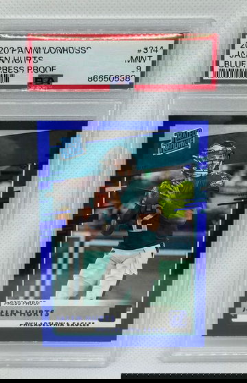 JALEN HURTS 2020 DONRUSS RATED ROOKIE BLUE PRESS PROOF PSA 9