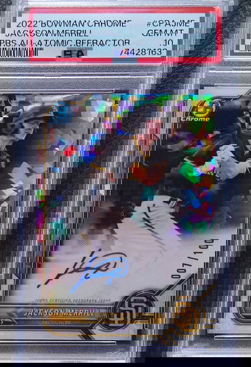 JACKSON MERRILL 2022 BOWMAN CHROME PROSPECT AUTO ATOMIC REFRACTOR /100 PSA 10