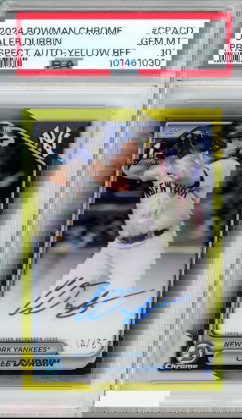 2024 BOWMAN CHROME CALEB DURBIN PROSPECT AUTO YELLOW 14 OF 75 1ST RC PSA 10