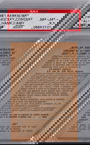 1962 Parkhurst Zip Hockey Contest Tally Game Card PSA 8.5 P1332