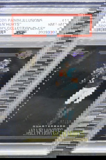 2020 Panini Illusions Jalen Hurts 11 Trophy Collection Black Rookie Card RC /50 PSA 8