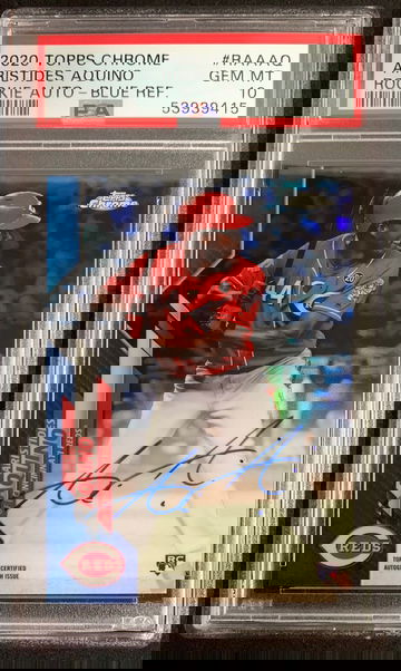 2020 Topps Chrome Aristides Aquino Rookie Auto Blue Refractor PSA 10