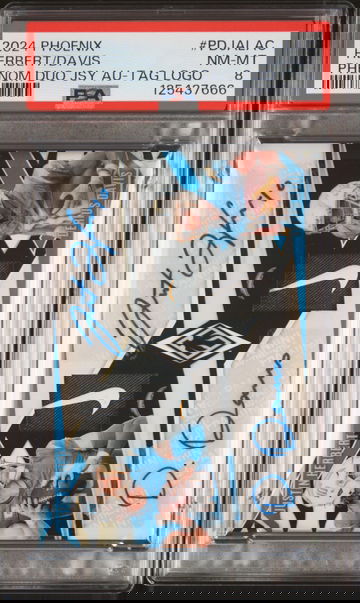 2024 Panini Phoenix Phenomenal Duo Jersey Autographs Laundry Tag Brand Logo Derius Davis/Justin Herbert #PDJALAC /12 PSA 8