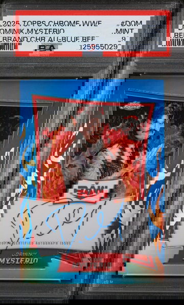 2025 Topps Chrome WWE Red Brand Chrome Autographs Blue Refractor Dominik Mysterio #DOM /150 PSA 9