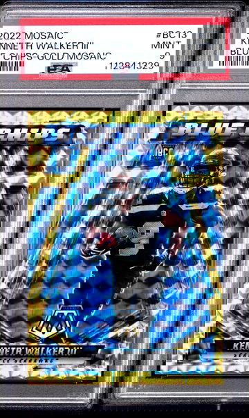 2022 Panini Mosaic Blue Chips Gold Mosaic Kenneth Walker III #BC13 RC /10 PSA 9