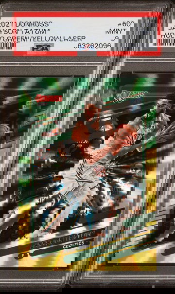 2021 Panini Donruss #60 Jayson Tatum Holo Green Yellow Laser Prizm SP - Graded PSA 9 Mint.