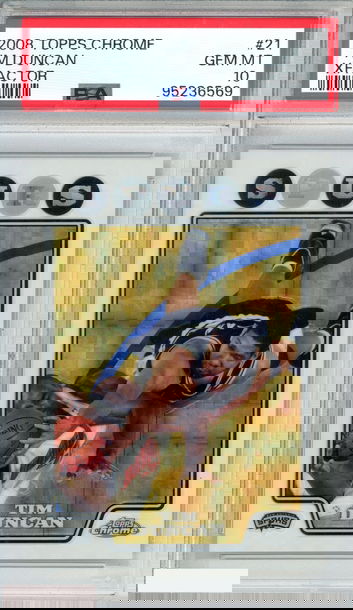 2008 TOPPS CHROME TIM DUNCAN #21 XFRACTOR 210 OF 288 SPURS PSA 10 GEM MT