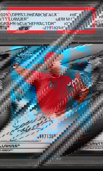 2025 Topps Chrome Black Autographs Blue Refractor Rhett Lowder #RL /150 PSA 10