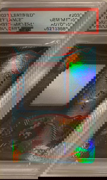 2021 Panini Certified Trey Lance Freshman Fabric Teal Etch /25 2 color RPA Rookie Patch Auto PSA 10 / 10