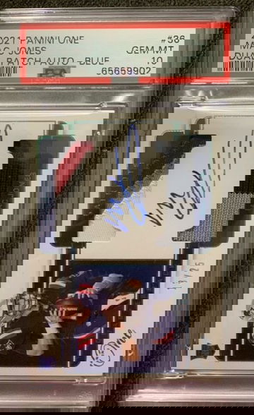 2021 Panini One Rookie Dual Patch Autographs Blue Mac Jones PSA 10