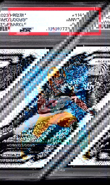 2023 Panini Prizm White Sparkle Prizm Romeo Doubs #114 PSA 9