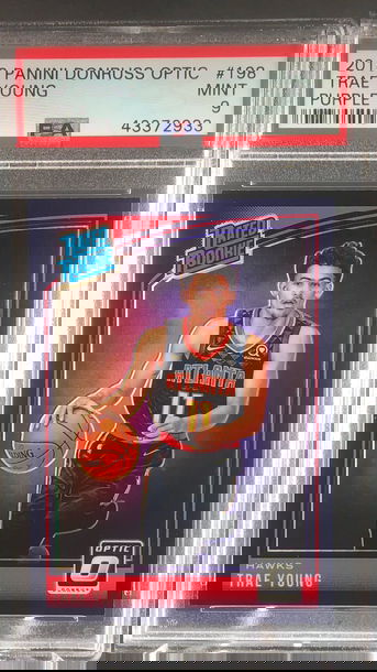 TRAE YOUNG 2018 19 DONRUSS OPTIC RATED ROOKIE RC PURPLE PRIZM PSA 9 HA0WKS