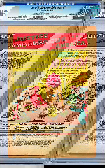 JUSTICE LEAGUE OF AMERICA #1 CGC -NG- SEKOWSKY SACHS & ANDERSON *COVERLESS* 1960