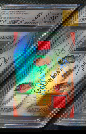 🌟 MIKE TROUT / NOLAN RYAN / ROD CAREW - 2021 Topps Sterling Triple Relics ON CARD AUTO /5 - BGS 9 AUTO 10