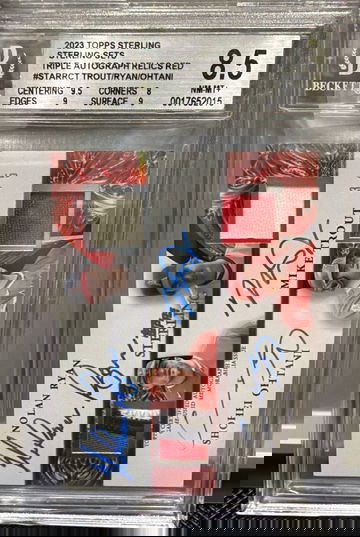 2023 Mike Trout / Nolan Ryan / Shohei Ohtani Topps Sterling Triple Autograph Relics Red /5 BGS 8.5