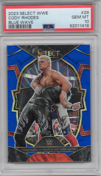 2023 Select WWE Cody Rhodes #28 Blue Wave Prizm PSA 10
