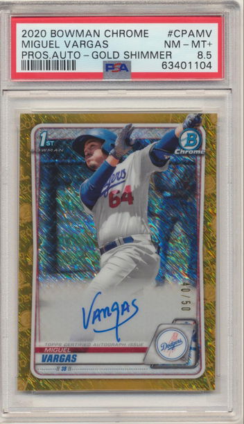 PSA 8.5 MIGUEL VARGAS 2020 BOWMAN CHROME GOLD SHIMMER REFRACTOR ROOKIE AUTO /50
