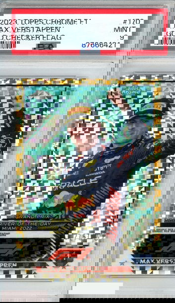 2023 TOPPS CHROME FORMULA 1 MAX VERSTAPPEN #170 GOLD CHECKER FLAG 12 OF 50 PSA 9