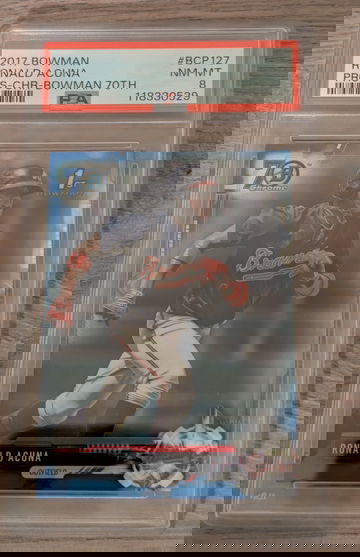 2017 Bowman Chrome Ronald Acuna Prospects 70th Blue Refractor #BCP127 PSA 8