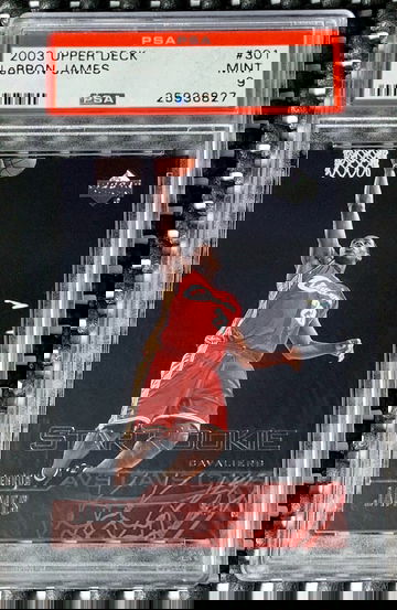 2003-04 Upper Deck Star Rookie #301 LEBRON JAMES Cavs RC PSA 9 Mint Low Pop, Minor Scratching Case Front