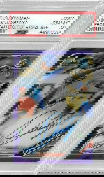 2019 Bowman Chrome Baseball Diego Cartaya Purple Refractor Auto 236/250 PSA 10